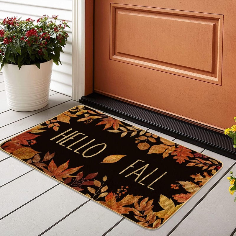 ARTDMT Hello Fall Maple Leaves Decorative Doormat, Fall Maple Leafs Door mat Indoor Outdoor Entrance Floor Mat Non Slip Autumn Harvest Vintage Thanksiving Decor Rubber Welcome Mats（29 x17in） - Image 1